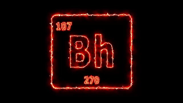Bohrium - periodic table element symbol hologram, chemical element Periodic Table, atomic weight element number ,glowing on black background in 4K.