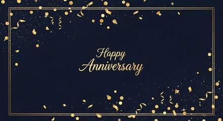 Happy Anniversary golden confetti background celebration frame party event festive decoration greeting card design template elegant