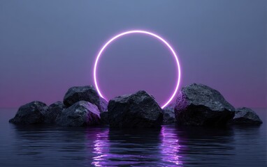 A neon purple circle floats above dark rocks in calm water against a gradient blue and purple sky
