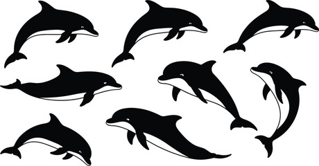 Obraz premium Beautiful dolphin silhouette collection showing playful marine animals in various swimming poses, perfect for ocean wildlife illustrations, aquatic designs, and creative artwork.