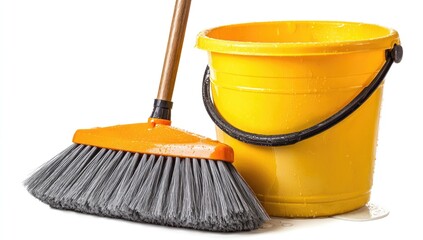 Broom with brown handle and bright yellow bucket filled with water, on white