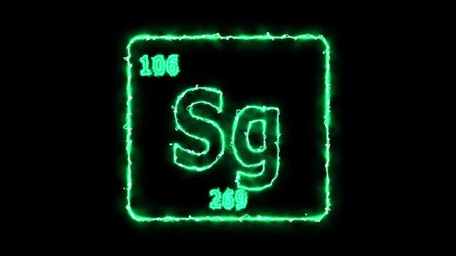 Seaborgium - periodic table element symbol hologram, chemical element Periodic Table, atomic weight element number ,glowing on black background in 4K.