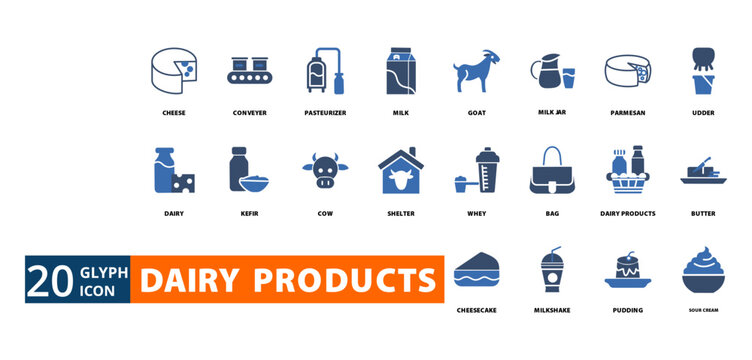 dairy products icon set with  Cheese,   Conveyer,  Pasteurizer,   Milk,   Goat,  Milk Jar,  Parmesan,  Udder,   Dairy,  kefir,   Cow,  Shelter,   Whey,   Bag,  Dairy Products,   Butter,  













