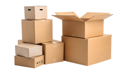 Stacked Cardboard Boxes: A collection of various cardboard boxes, some closed and some open, are stacked together against a clean background, conveying concepts of storage, moving, or delivery.