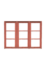 Red three-section wooden window frame is isolated.