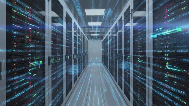 Digital light flows through the network and data servers behind glass panels in the server room of a data center aisle , Technology shift at light speed