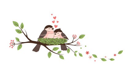 Two cute birds in love are snuggling in a nest on a flowering branch with pink hearts floating above them. The scene is romantic.