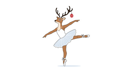 Fototapeta premium Adorable cartoon reindeer wearing a ballet tutu and pointe shoes strikes a graceful pose with a Christmas ornament. The ballet deer is cute.
