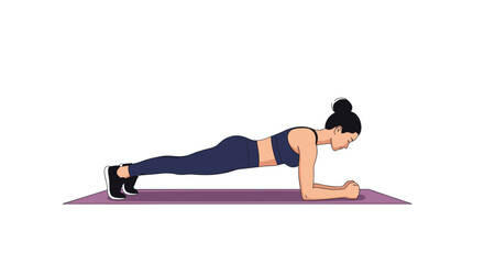Obraz premium Woman in sportswear performs an elbow plank exercise on a purple yoga mat for a core strengthening workout routine. The background is white.