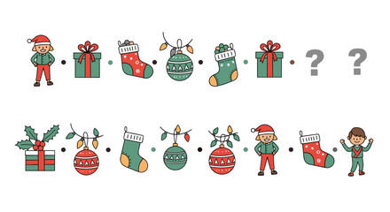 Complete the pattern educational game for kids with a sequence of Christmas-themed items like elves and ornaments. It is a good puzzle.