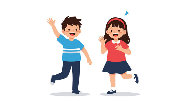 Happy cartoon boy and girl are waving their hands with cheerful smiles as a friendly greeting to everybody. The kids are very cute.