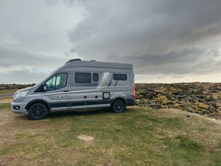 A camper van in the lava fields of Iceland