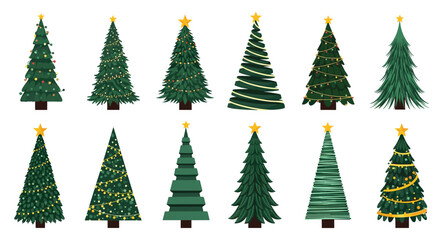 Fototapeta premium A diverse set of twelve decorated and undecorated Christmas trees in various styles is perfect for holiday season designs.