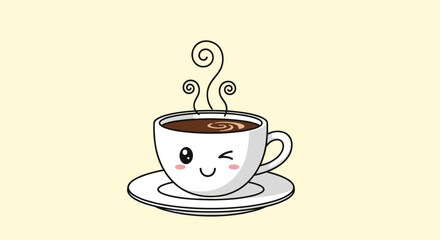Obraz premium A cute and steaming cup of coffee with a winking kawaii face is presented in a simple and charming cartoon illustration.