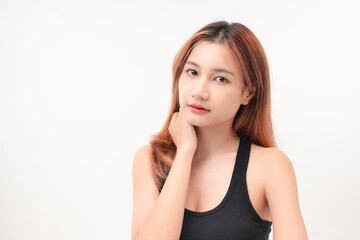 Fototapeta premium Portrait of beauty young asian woman red hair and healthy facial skin and body on white background for for skin treatment,cosmetology concept. 