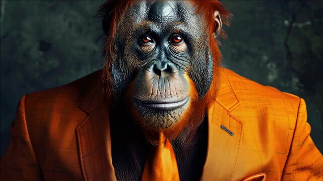 A monkey dressed as a businessman wearing an orange suit and tie.