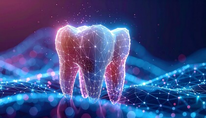 Luminous polygonal molar hovering above a wavy network of connected points on a bokeh-lit background