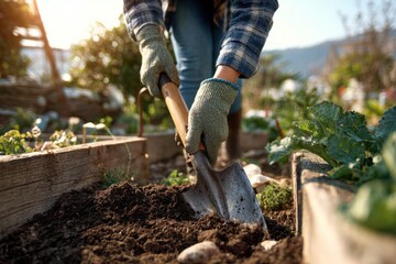 Woman Gardening in Sunny Spring Garden