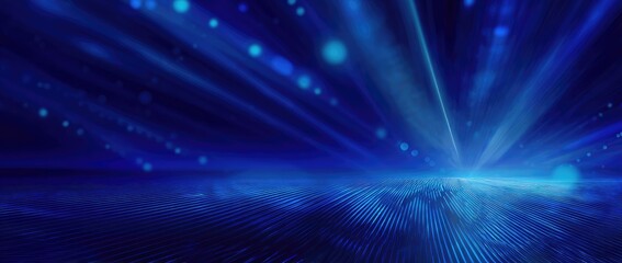 Naklejka premium Digital landscape of blue light beams and undulating grid with bokeh effect in the background