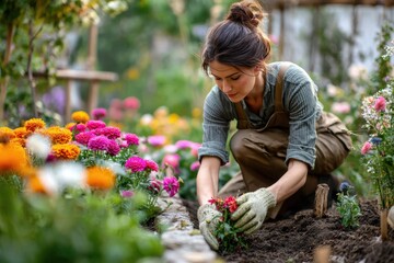Woman Planting Summer Flowers in Garden Bed