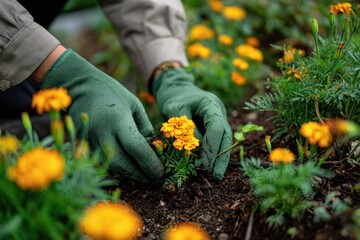 Woman Gardening Spring Marigold Flower Bed