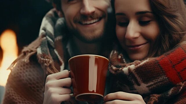 A man and woman share a warm moment in the cold weather while drinking from mugs.
