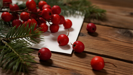 Red Berries, Pine Needles, Wooden Background, Holiday Decor, Seasonal Design