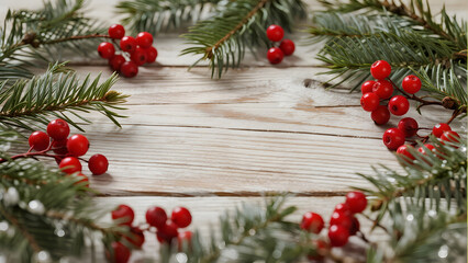 Christmas, holiday, decoration, red berries, pine branches, wooden background