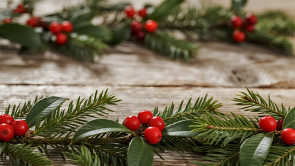Christmas, holiday, decoration, holly, berries, pine, greenery, rustic, wooden, festive