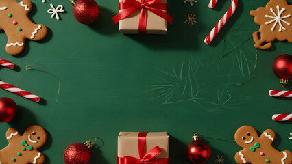 Christmas background, gingerbread cookies, gift boxes, ornaments, candy canes, festive decorations
