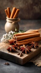 Cinnamon sticks and star anise on a wooden board with a rustic background
