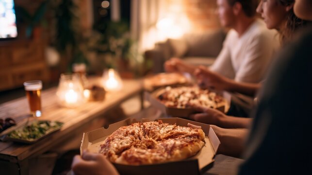 Group of friends enjoying pizza and watching TV together in warm indoor setting at night - Powered by Adobe