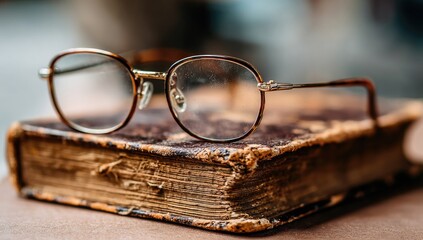 Eyeglasses rest atop an aged, distressed book with a worn brown cover, softly blurred background