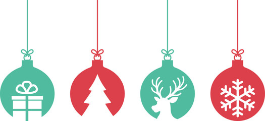 Weihnachtkugel-Set mit Geschenk, Tanne, Hirsch, Reh, Renntier und Schneeflocke &ndash; Weihnachtsdesigns und winterliche Dekorationen.