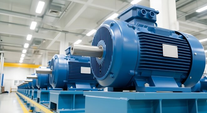 Large blue industrial electric motors lined up in a row in a modern factory setting isolated PNG with Transparent Background