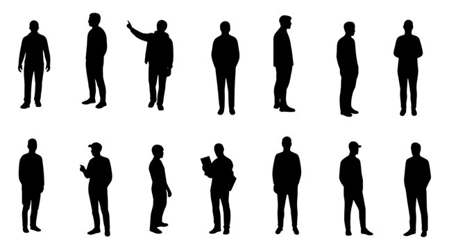 Architectural drawings of people, top view, human person minimal style hand drawn silhouette. Sections, elevations, floor plans, vector illustration
