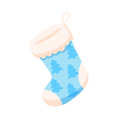 Blue Christmas stocking with a pattern of fir trees isolated on a white background