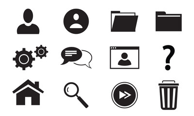 Web interface and computer system icon set. User profile, file folder, setting gear, search magnifier, and home dashboard vector symbols.