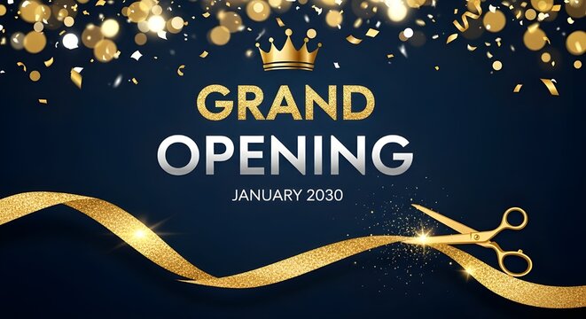 Elegant Grand Opening Celebration Banner Illustration with Gold Confetti and Ribbon Cutting Ceremony isolated PNG with Transparent Background