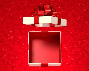Opened white gift box with red ribbon on a vibrant red backdrop.