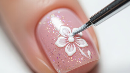 Nail artist painting floral design on pink glitter manicure  