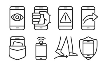 Mobile Safety Icons. Mobile Awareness linear set: focus eye, grip band, alert bubble, safe path arrow, pocket guard, calm beacon, careful step, protective arc.