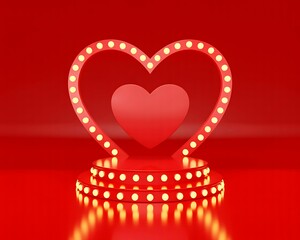 Shining red heart on illuminated stage podium, red background