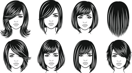 Collection of illustrated female portraits featuring various short and medium hairstyles, fashionable haircuts, detailed line art for beauty, salon, and design projects
