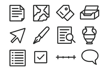 Historical Analysis Icons. Historical Analysis Collection linear set: document fragment, map scrap, classification tag, archive tray, clue arrow, ink pen, research sheet, artifact