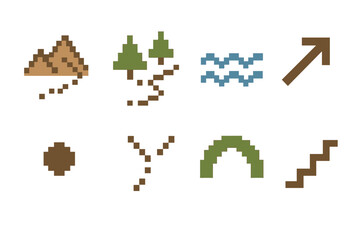 Fototapeta premium Pixel Art Journey Icons. Journey Path Symbols pixel style set: mountain trail, forest path, river crossing line, ascent arrow, waypoint dot, trail fork, scenic arc, steady steps.