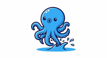 Fototapeta premium Cute blue cartoon octopus character jumping out of the water.