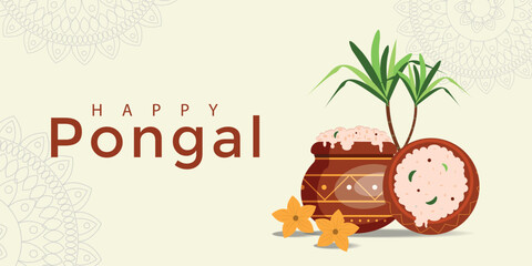 Pongal greeting card. Indiana celebration banner for web design. Pot, plant, flower, text. Vector illustration