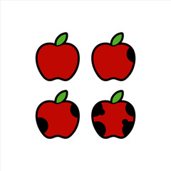 Four red apples showing various stages of decay and spoilage.