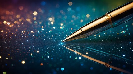 Elegant pen point with brilliant light on sparkling blue surface
